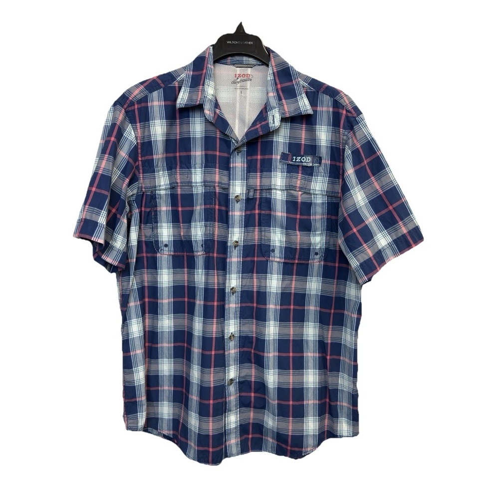IZOD Surfcaster Shield Performance Men's L Polo Golf Shirt Plaid Blue Vented